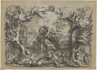 The Angel Carrying off Habakkuk by His Hair, Surrounded by an Elaborate Rococo Frame, c.1750 (pen and ink drawing)