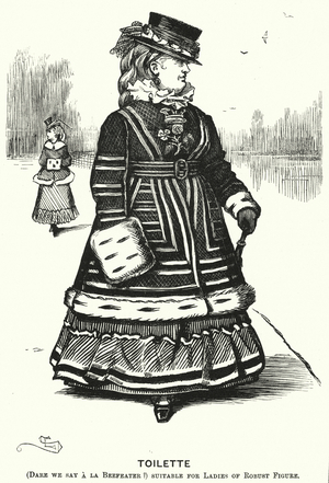 Punch cartoon: Toilette - woman in a Beefeater costume (engraving)
