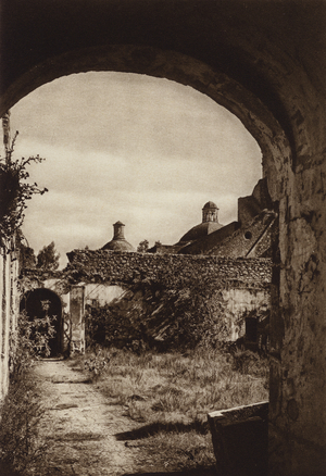 Mexico: Ruina de monasterio en el parque nacional, Desierto de los Leones (b/w photo)