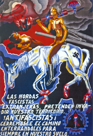 The Foreign Fascist Hordes Attempt to Invade Our Land - Antifascists! Stop their March, Bury Them in Our Soil, 1936 (color litho)