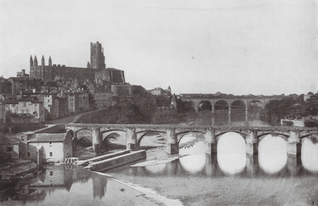 French Cathedrals: View of Albi Cathedral across the Tarn (b/w photo)