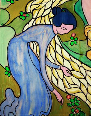 Woman at the brook, sketch for a stained glass window (gouache on paper)