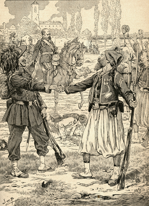 French and Sardinian soldiers shaking hands to celebrate their victory against the Austrians after the Battle of Palestro, Italy, 1859.  From Agenda Buvard du Bon Marche published 1917.