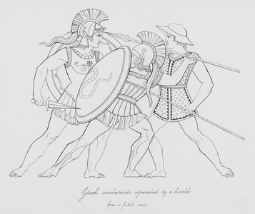 Greek combatants separated by a herald, from a fictile vase (engraving)