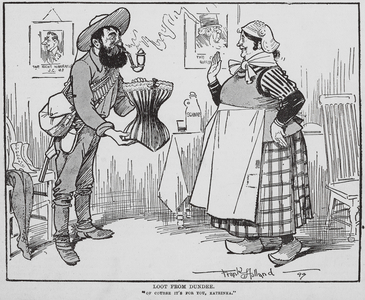 Man offering a large woman a corset from Dundee (litho)