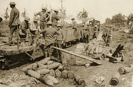 Shells delivered to British forces by light railway, Flanders, 1914-18 (b/w photo)