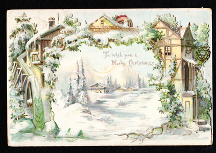 A Victorian pop up Christmas card of a snow covered house, c. 1880 (colour litho)