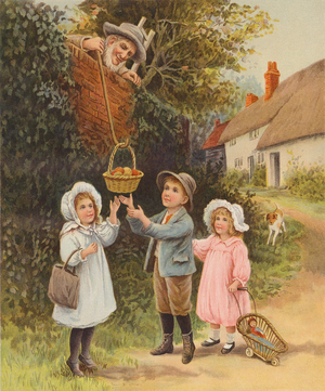 Man lowering a basket of fruit down to children (chromolitho)