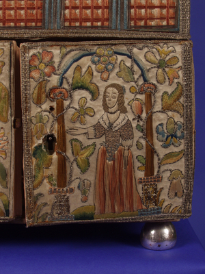 Detail of a wooden casket showing a female figure in contemporary dress, c.1650-70 (wood & textiles)