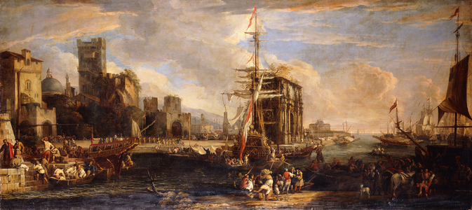 A Capriccio of a Mediterranean Seaport with Austrian Shipping, Merchants and Sailors on Quays in the Foreground, a Company of Militia near the Arch of Constantine and Castel Sant'Angelo beyond,  (oil on canvas)