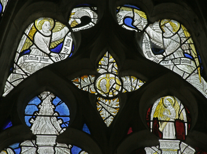Window depicting Seraphim and Angels below the Holy Face of Christ (stained glass)