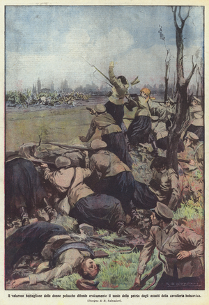 The valiant battalion of Polish women heroically defends the soil of the homeland against  (colour litho)
