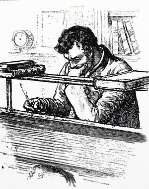 Clerk at his desk in an office in Victorian London, 1884