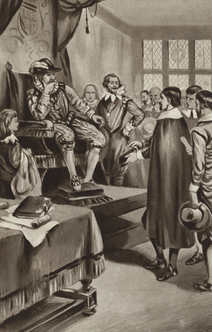 King James VI threatens the Puritans that he will make them conform to the Church or harry them out of the land (litho)