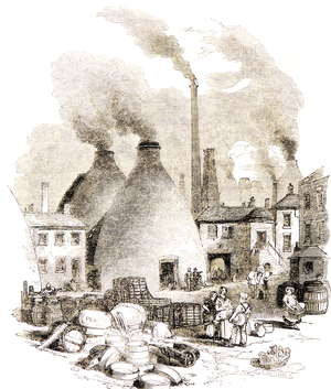 Copeland's factory at Stoke-on-Trent (The Potteries), Staffordshire, England.. 'The Bank', showing the bottle kilns and the pollution from smoking chimneys. Engraving, London, 1860.