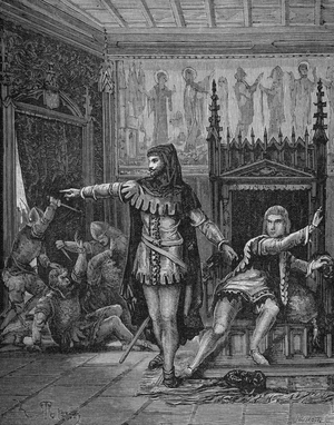 Robert de Clermont, marechal of Normandy and Jean de Conflans marechal of champagne are murdered, 1358 (engraving)