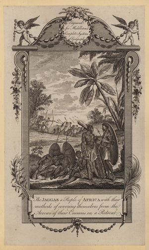 The Jaggas a People of Africa with their methods of covering themselves from the Arrows of their Enemies in a Retreat (engraving)