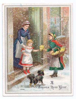 Victorian New Year card of a maid holding on to a little girl as she buys flowers from a flower seller in the falling snow, c.1880 (colour litho)