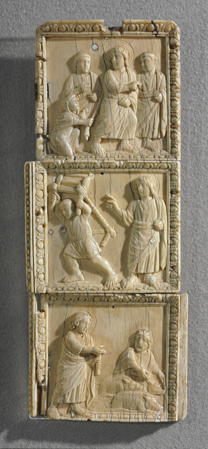 Side part of a diptych' s tablet in five parts: Cure of the woman with the issue of blood, cure of the paralysed, cure of the posessed …
