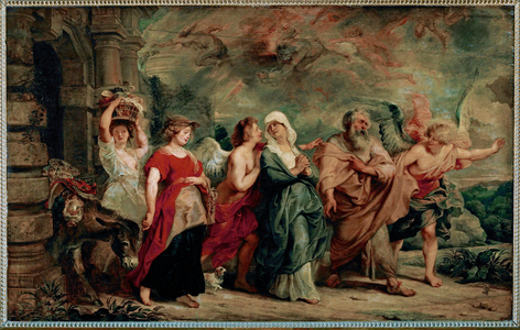 Lot and his family leaving Sodom, (painting on wood)