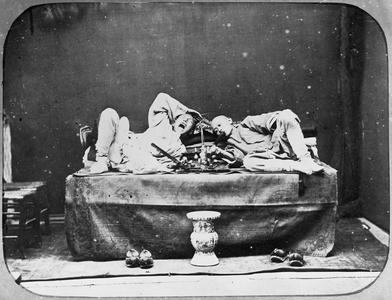 Two men smoking an opium hookah, Shanghai, China, 1875