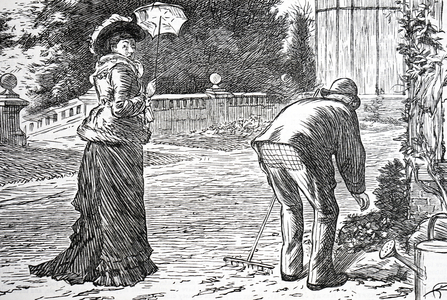 Male is shown attending to some garden weeds, 1878