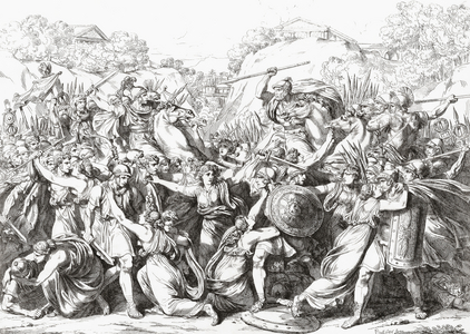 Sabine women intervene in Battle of the Lacus Curtius, mid 8th century bc. (print)