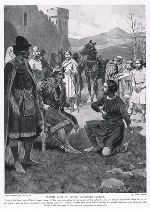 David, King of the Scots dispensing justice, 1920's (litho)