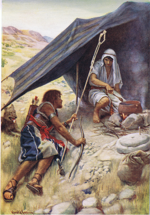 Esau sells his birthright, illustration from 'Pictures That Teach The Crown Series ', 1920 (colour litho)