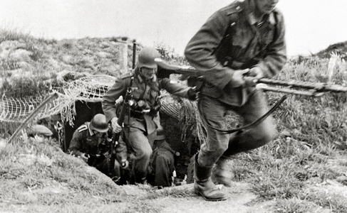 German troops leaving their bunker with weapons, Normandy, France, June 1944 (b/w photo)