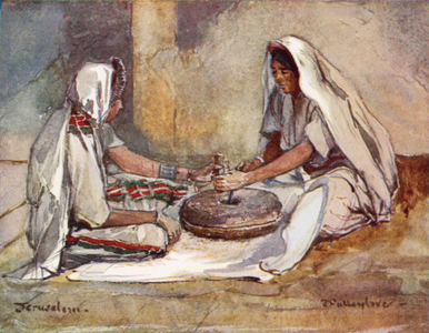 Two Women grinding at a Hand-Mill (colour litho)
