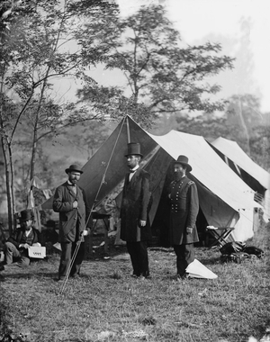 Abraham Lincoln with Allan Pinkerton and Major General John A. McClernand, 1862 (b/w photo)