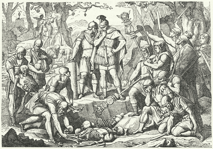 Germanicus burying the bones of soldiers of the three Roman legions commanded by Publius Quinctilius Varus destroyed by the Germans at the Battle of Teutoburg Forest in 9 BC (engraving)