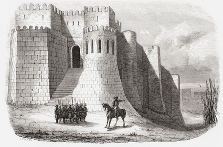 The walls of Tangiers, Morocco, seen here in the 19th century, from "Monuments de Tous les Peuples" by Ernest Breton, published 1843 (engraving)