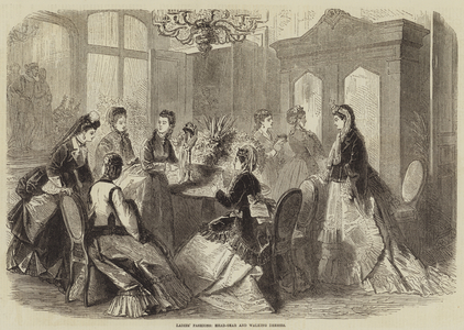 Ladies' Fashions, Head-Gear and Walking Dresses (engraving)