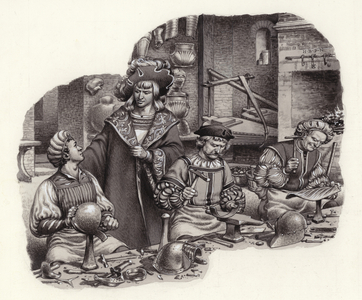 The Emperor Maximilian in the workshop of his armourer (gouache on paper)