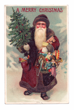 Edwardian Christmas postcard of Father Christmas holding a Christmas tree and a bag of toys, c.1910 (colour litho)