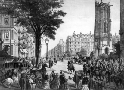 Opening of Sebastopol boulevard in Paris on april 5, 1858, with on right saint Jack tower (16th century), drawing