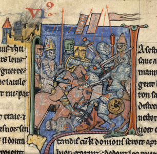[Miniature only] Book VI. Bishop Adhemar of le Puy, with mitre and armour, in battle outside Antioch, during the First Crusade