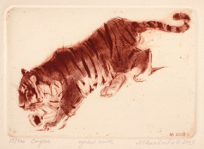 Tiger walking downhill, 2003 (drypoint)