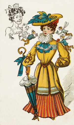 Woman attracting suitors bearing gifts (colour litho)