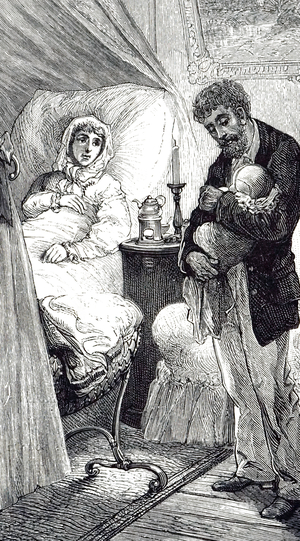An engraving depicting a father admiring his new daughter. By the bedside is a little stove used as a night light and to keep drinks warm, 19th century