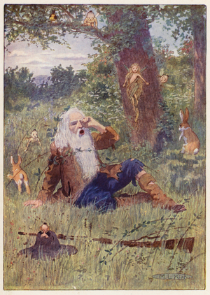 Illustration for the story of Rip Van Winkle (colour litho)