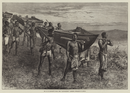 Mr H M Stanley's Boat, the "Livingstone," carried overland in Africa (engraving)
