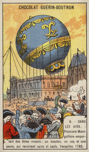 First balloon flight carrying living creatures, Versailles, 1783 (chromolitho)