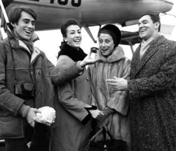 From Left to Right Jen Pierre Bonnefous Showing A Small Box Of Black Caviar That He Bred With Him From Moscow, Claire Motte, Maia Plissetskaya And Nicolas Fadeyetchev From Moscow Routour After A Three Weeks Round On November 28, 1966 At Bourget (b/w photo)