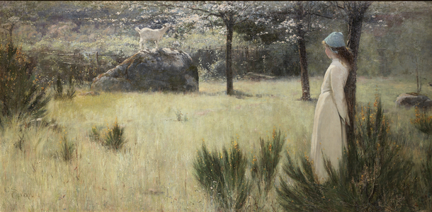 The Young Shepherdess and Her Goat in a Springtime Pasture (oil on canvas)
