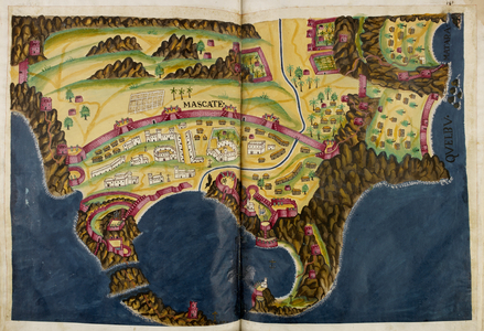 Below Portuguese illustration of Muscat, from the manuscript Livro do Estado da India Oriental of Pedro Barreto de Resende, Sloane MS 197, 1646 (pen & ink with w/c on paper)
