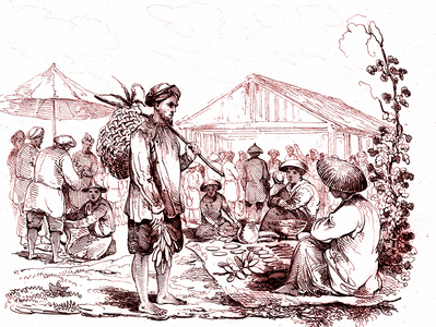 Market in a little village in Conchinchina, Mekong delta (Now Vietnam), James Cook travels, 1835 (Print)