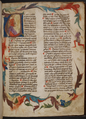 Historiated initial 'U'(t) with the author Petrus Isolellae in profile and acanthus leaves extending into the margins to form a full border; female figure in the lower margin and kneeling man in the outer margin